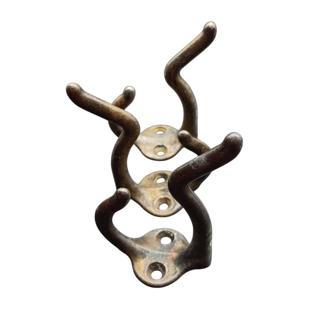 Antique Cast Iron Double Hook Hangers 2.5" Tall Set Of 3 Rustic Iron Finish Vint - Picture 2 of 3